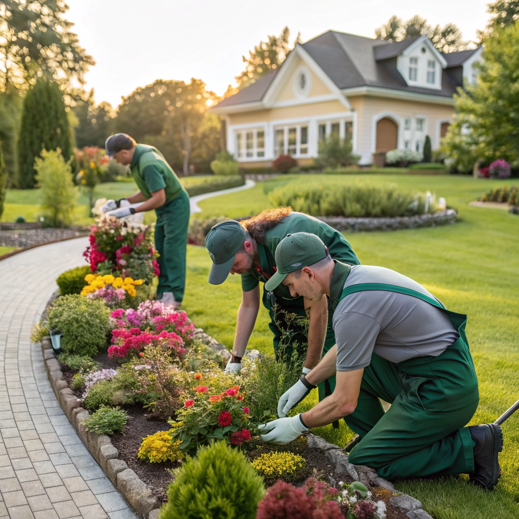 Professional team installing a home garden