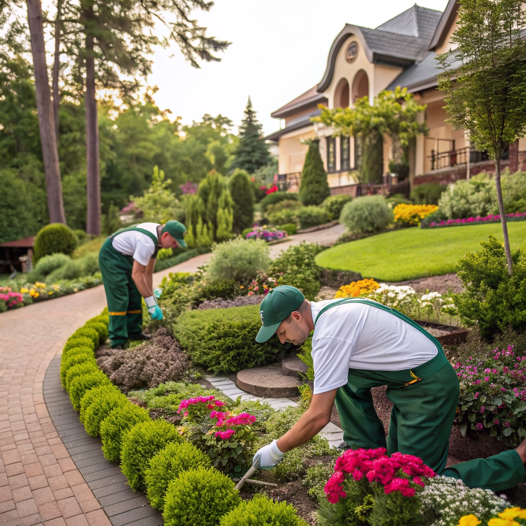 Professional team installing a home garden